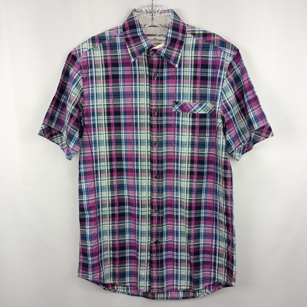 James Campbell Casual Button Down Shirt Purple and Blue Plaid Sz. S